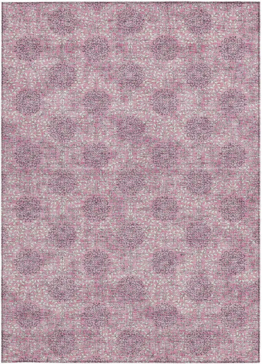 Pink And Eggplant Damask Washable Indoor Outdoor Area Rug Photo 4