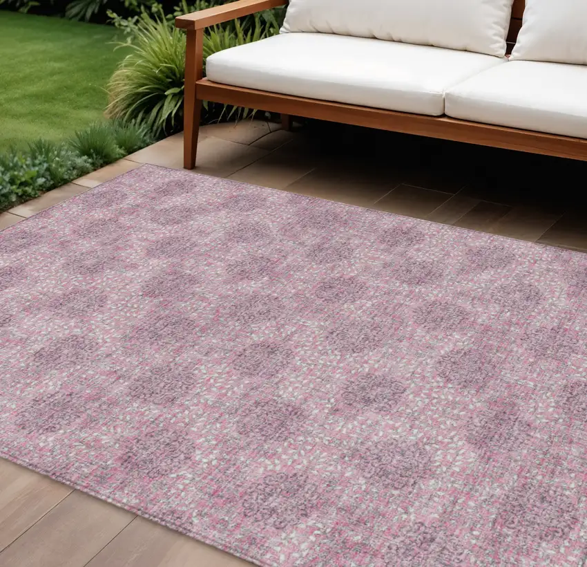 Pink And Eggplant Damask Washable Indoor Outdoor Area Rug Photo 2