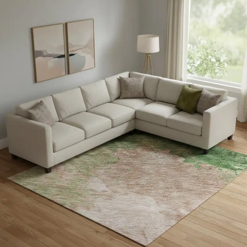 Pink And Emerald Abstract Washable Area Rug With UV Protection Photo 2