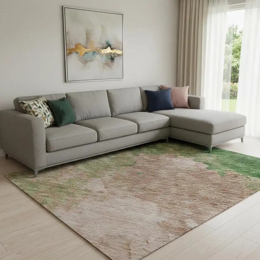 Pink And Emerald Abstract Washable Area Rug With UV Protection Photo 2