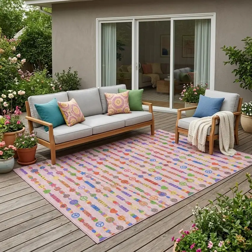 Pink And Fern Green Geometric Washable Indoor Outdoor Area Rug Photo 1