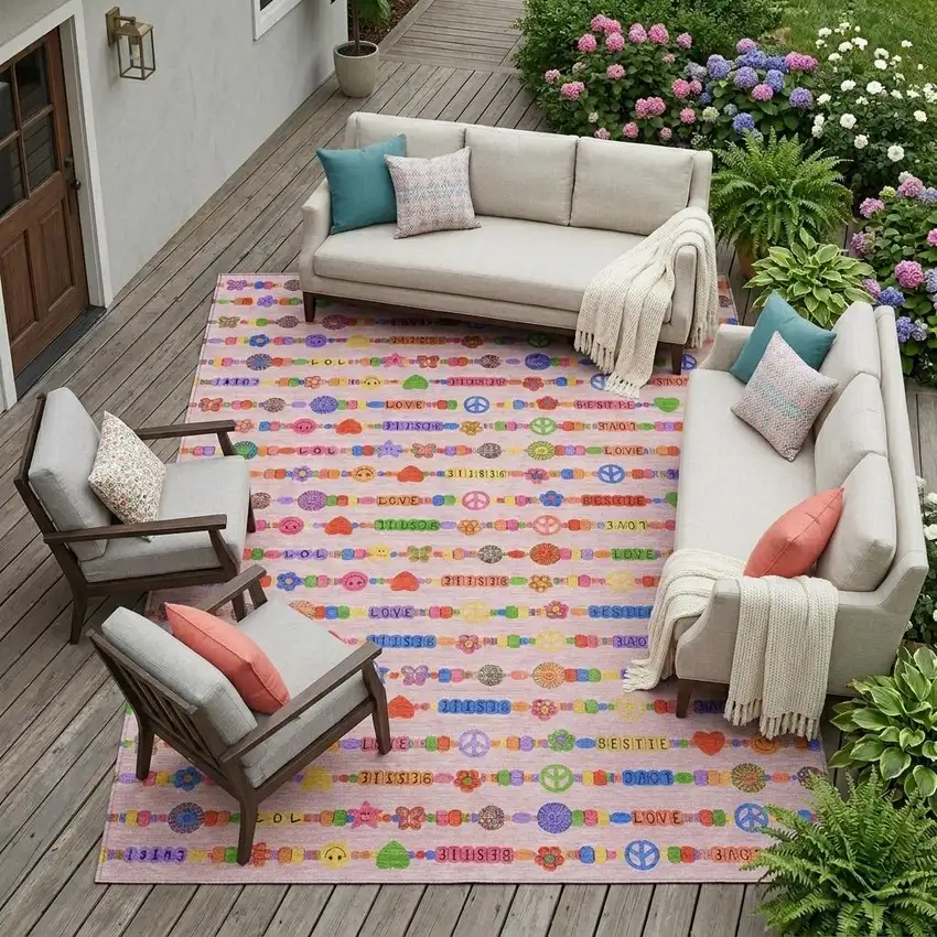 Pink And Fern Green Geometric Washable Indoor Outdoor Area Rug Photo 1