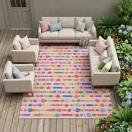 Pink And Fern Green Geometric Washable Indoor Outdoor Area Rug Photo 1