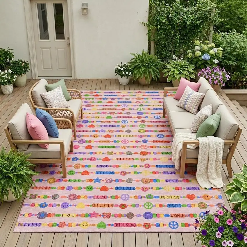 Pink And Fern Green Geometric Washable Indoor Outdoor Area Rug Photo 1
