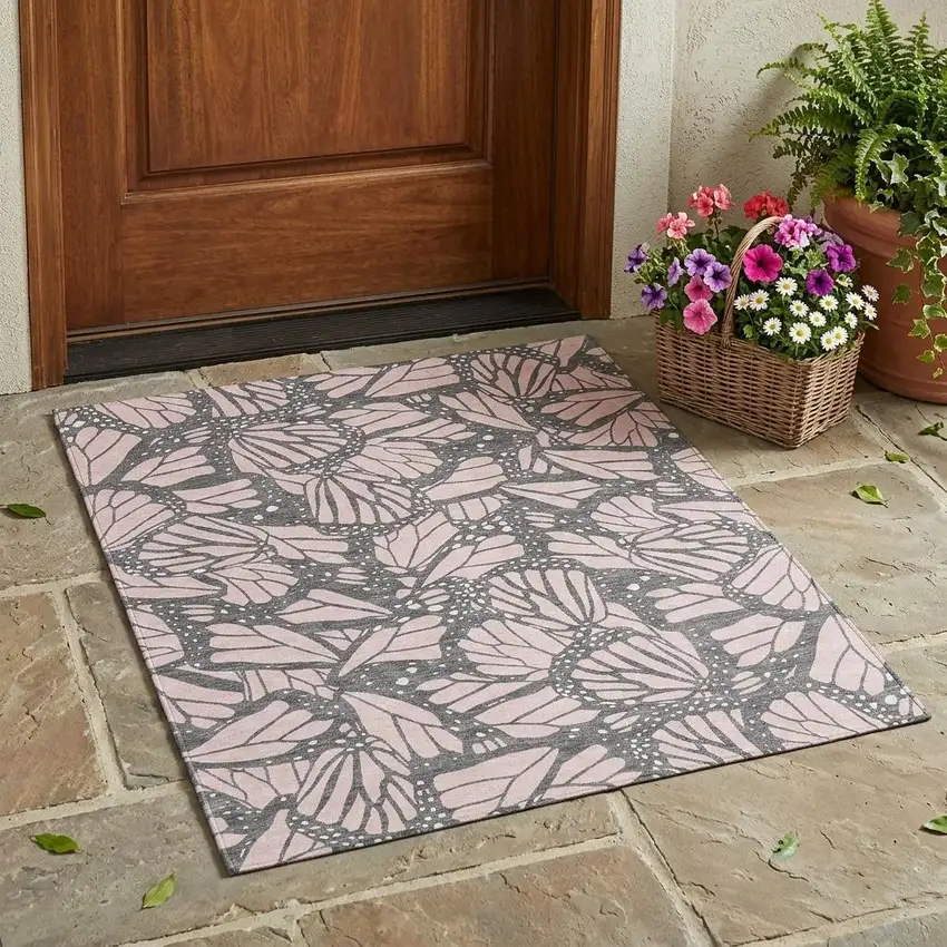 Pink And Graphite Animal Print Washable Indoor Outdoor Area Rug Photo 1