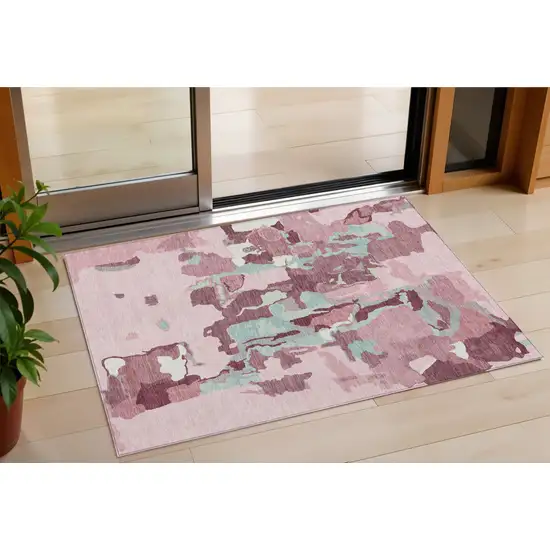 Pink And Gray Abstract Washable Indoor Outdoor Area Rug Photo 1