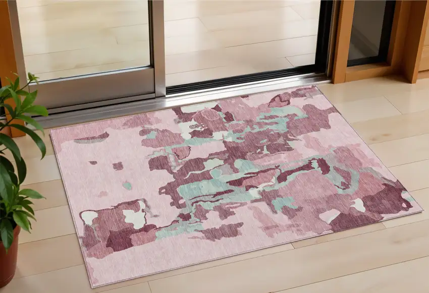 Pink And Gray Abstract Washable Indoor Outdoor Area Rug Photo 1