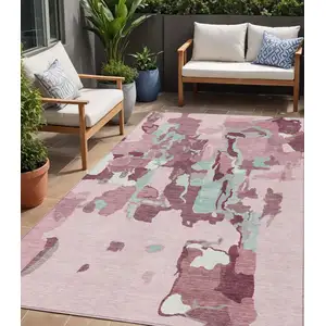Photo of Pink And Gray Abstract Washable Indoor Outdoor Area Rug