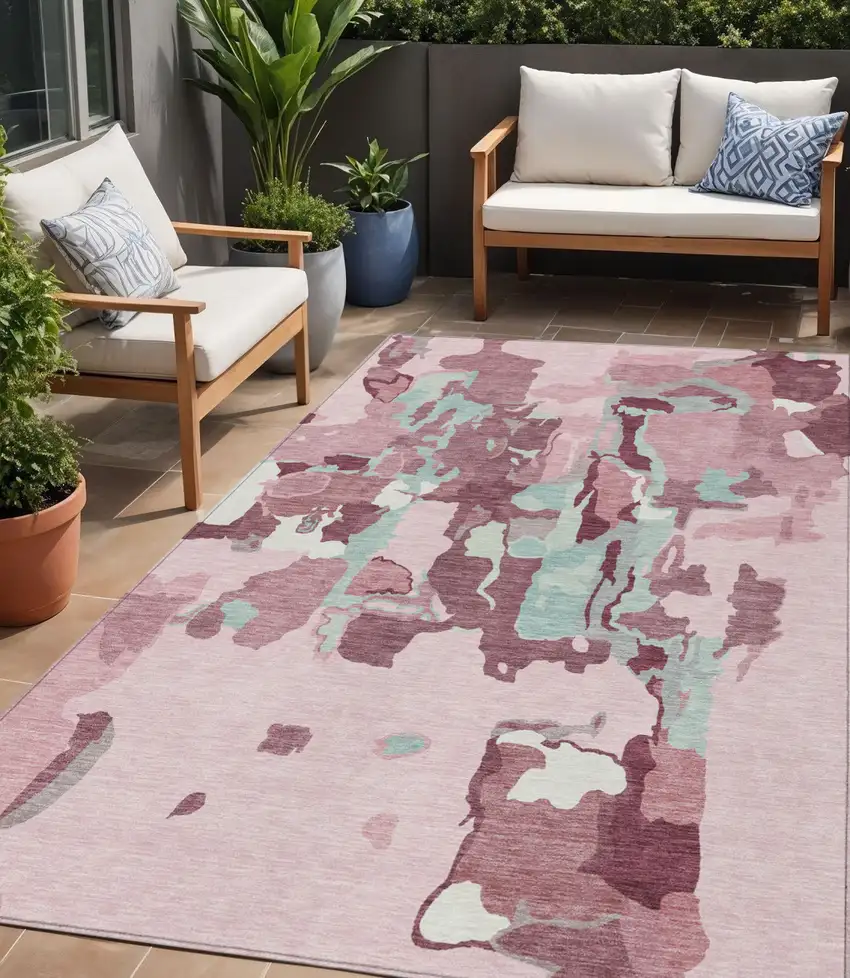 Pink And Gray Abstract Washable Indoor Outdoor Area Rug Photo 1