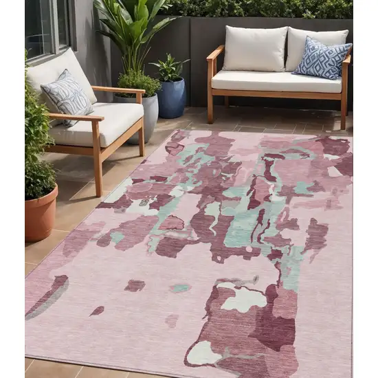 Pink And Gray Abstract Washable Indoor Outdoor Area Rug Photo 1