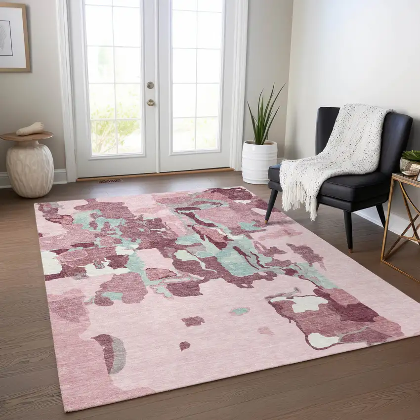 Pink And Gray Abstract Washable Indoor Outdoor Area Rug Photo 9