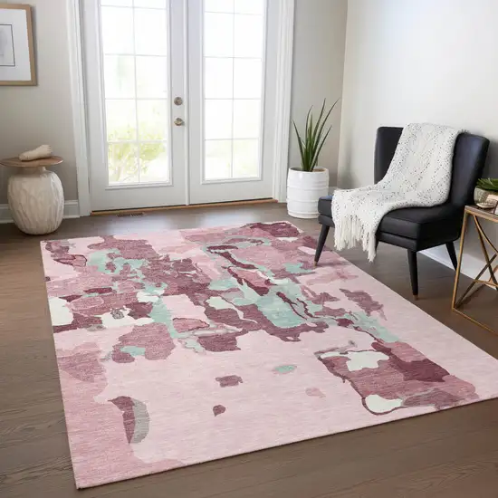 Pink And Gray Abstract Washable Indoor Outdoor Area Rug Photo 9