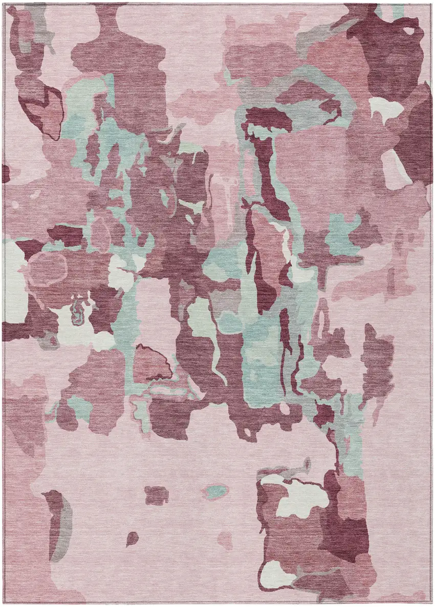 Pink And Gray Abstract Washable Indoor Outdoor Area Rug Photo 2