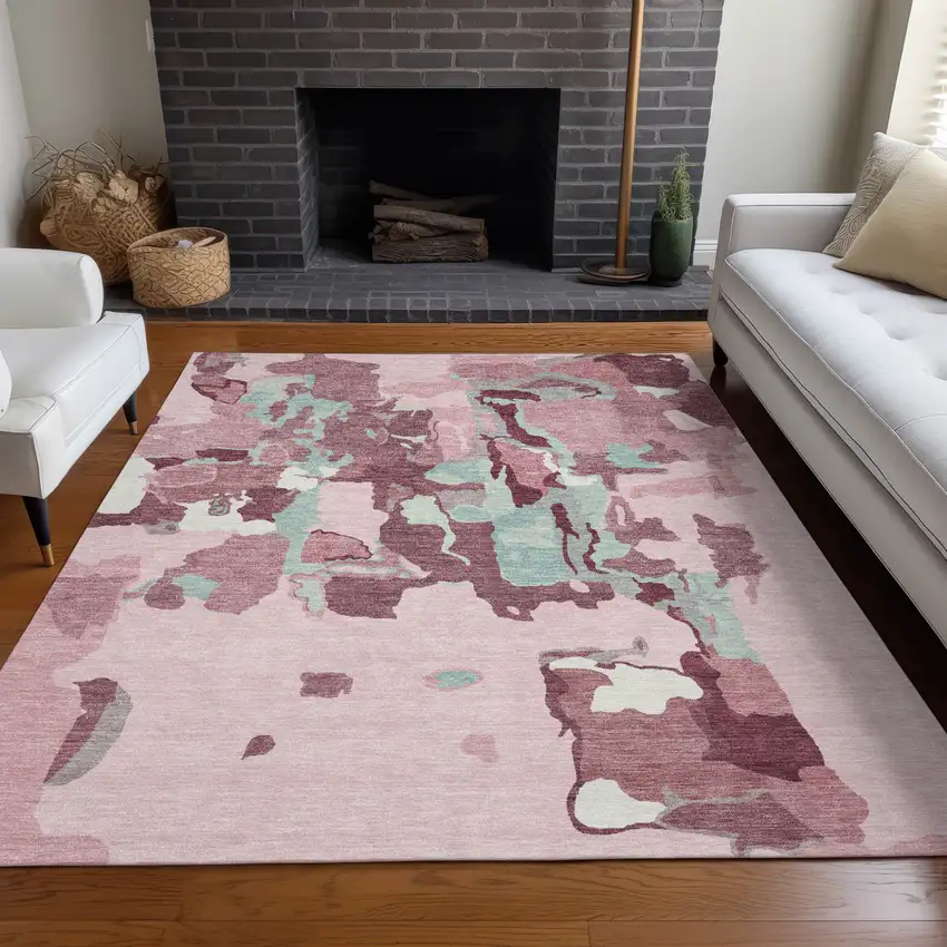 Pink And Gray Abstract Washable Indoor Outdoor Area Rug Photo 9
