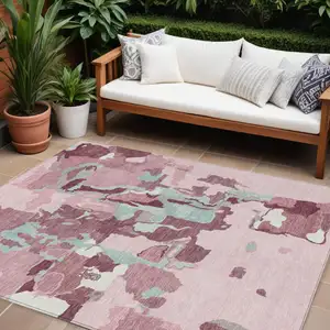 Photo of Pink And Gray Abstract Washable Indoor Outdoor Area Rug