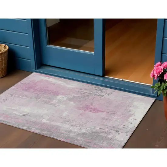 Pink And Gray Abstract Washable Indoor Outdoor Area Rug Photo 2