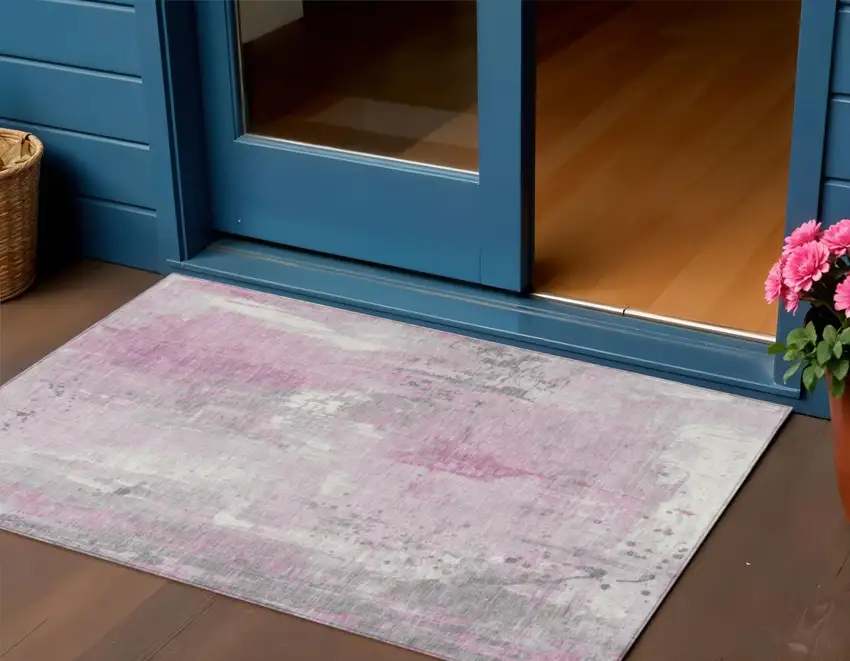 Pink And Gray Abstract Washable Indoor Outdoor Area Rug Photo 2