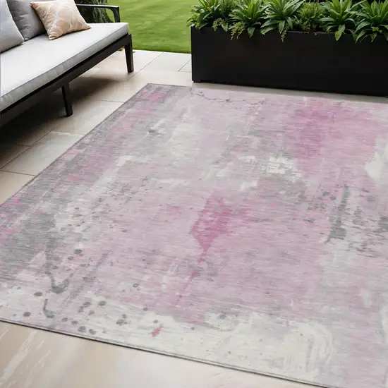 Pink And Gray Abstract Washable Indoor Outdoor Area Rug Photo 2