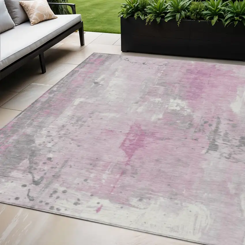 Pink And Gray Abstract Washable Indoor Outdoor Area Rug Photo 2