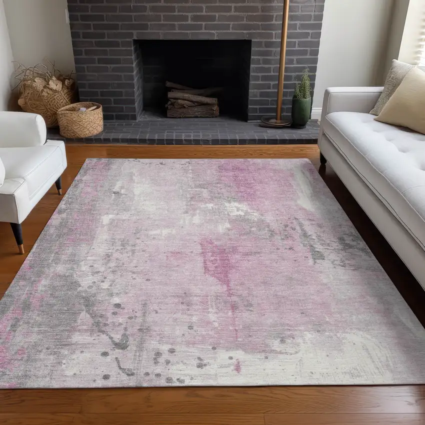 Pink And Gray Abstract Washable Indoor Outdoor Area Rug Photo 8