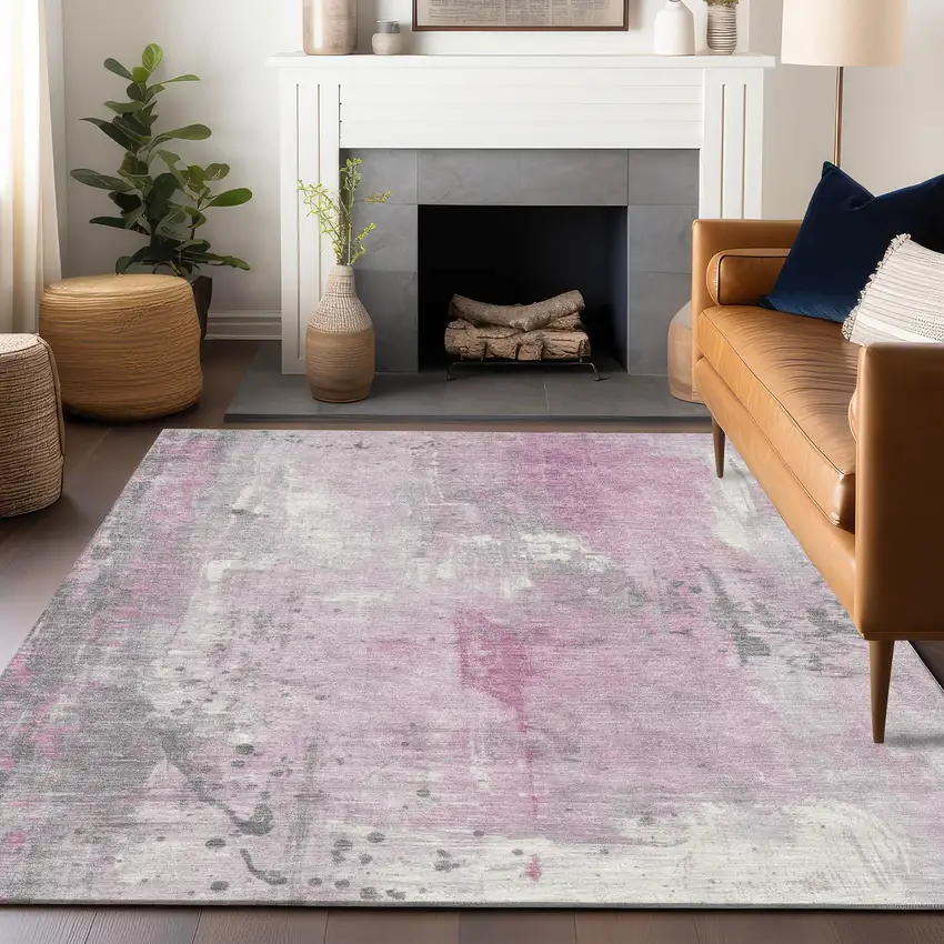 Pink And Gray Abstract Washable Indoor Outdoor Area Rug Photo 7