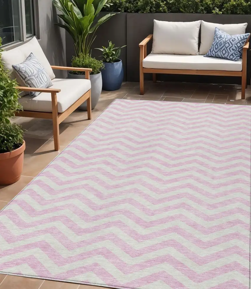 Pink And Gray Chevron Washable Indoor Outdoor Area Rug Photo 1