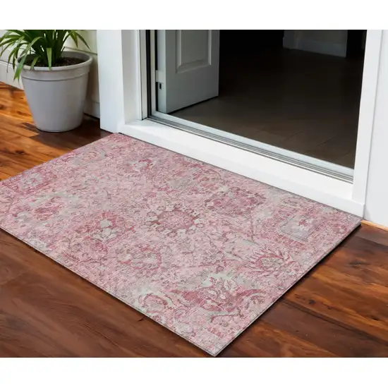 Pink And Gray Damask Washable Indoor Outdoor Area Rug Photo 1