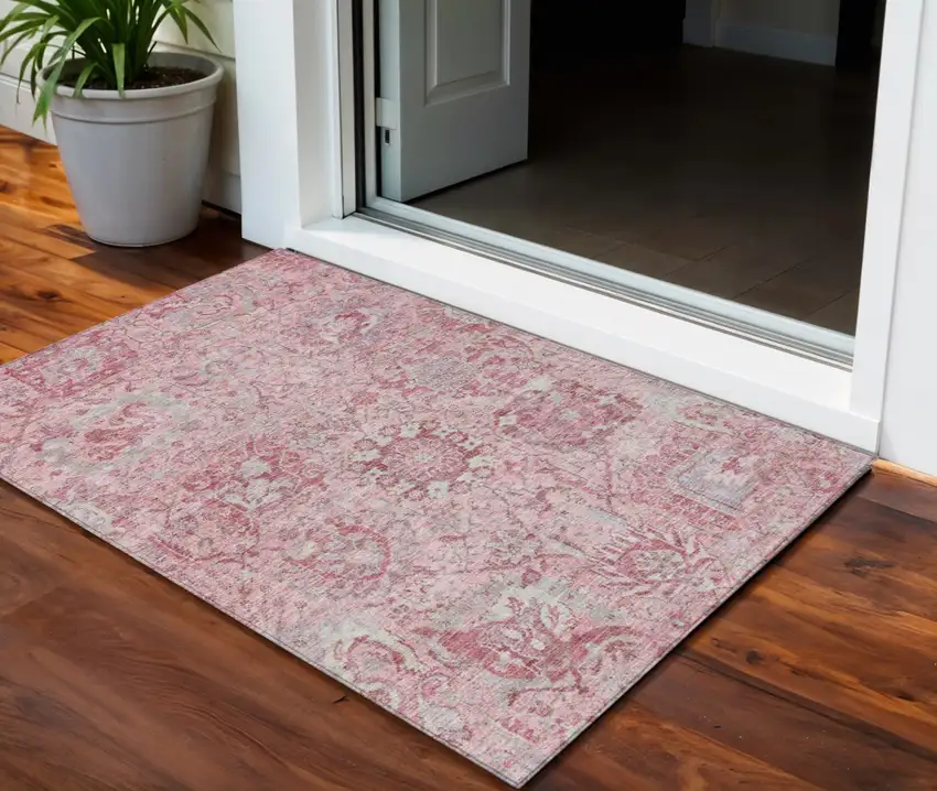 Pink And Gray Damask Washable Indoor Outdoor Area Rug Photo 1