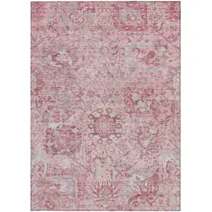 Photo of Pink And Gray Damask Washable Indoor Outdoor Area Rug