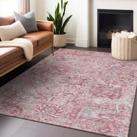 Pink And Gray Damask Washable Indoor Outdoor Area Rug Photo 8