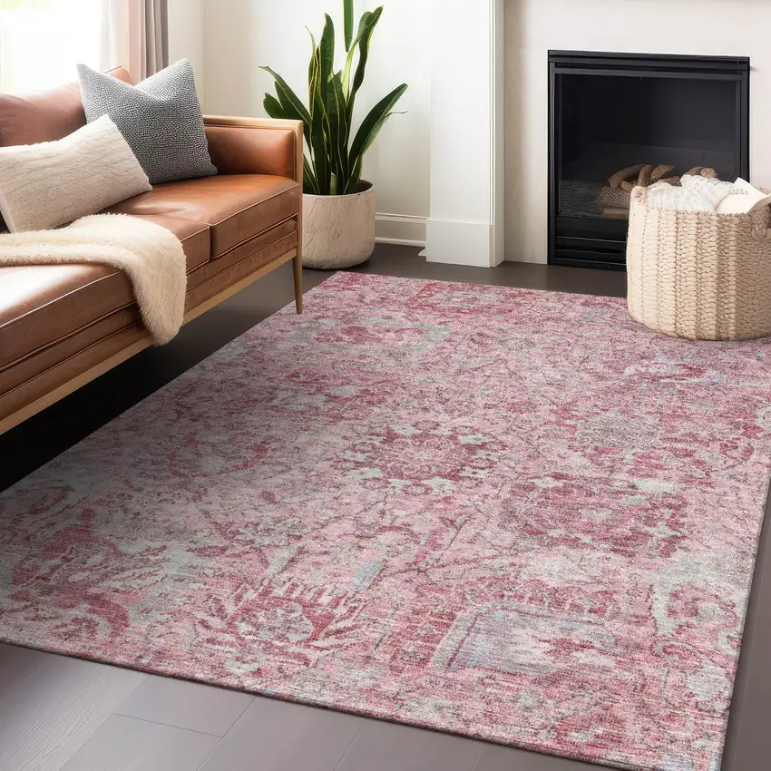 Pink And Gray Damask Washable Indoor Outdoor Area Rug Photo 8