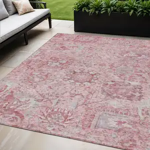 Photo of Pink And Gray Damask Washable Indoor Outdoor Area Rug