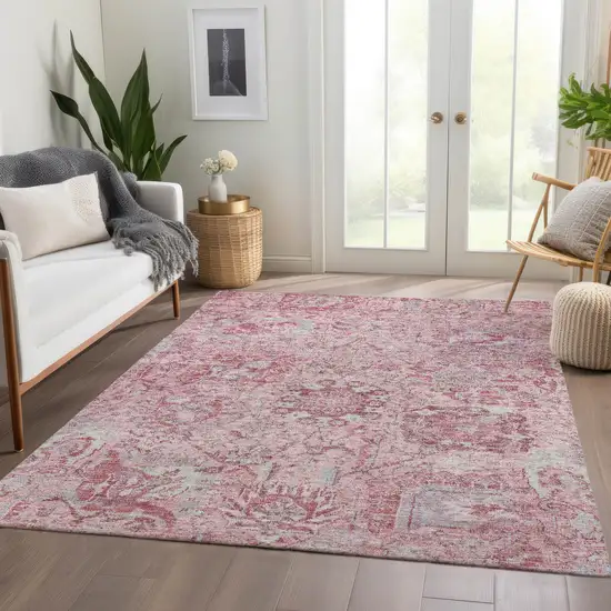 Pink And Gray Damask Washable Indoor Outdoor Area Rug Photo 9