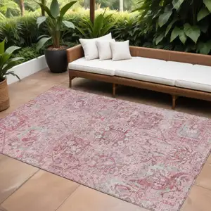 Photo of Pink And Gray Damask Washable Indoor Outdoor Area Rug