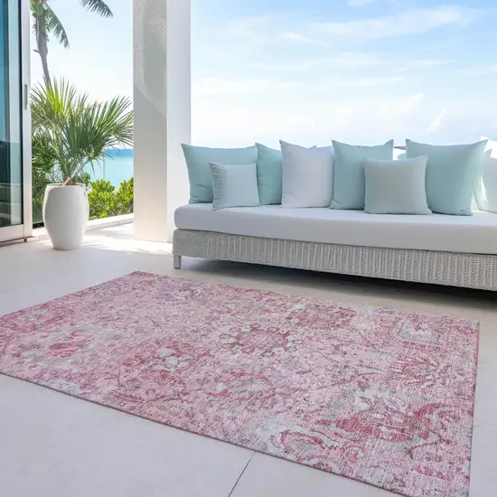Pink And Gray Damask Washable Indoor Outdoor Area Rug Photo 7