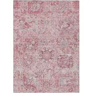 Photo of Pink And Gray Damask Washable Indoor Outdoor Area Rug
