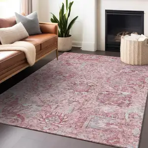 Photo of Pink And Gray Damask Washable Indoor Outdoor Area Rug