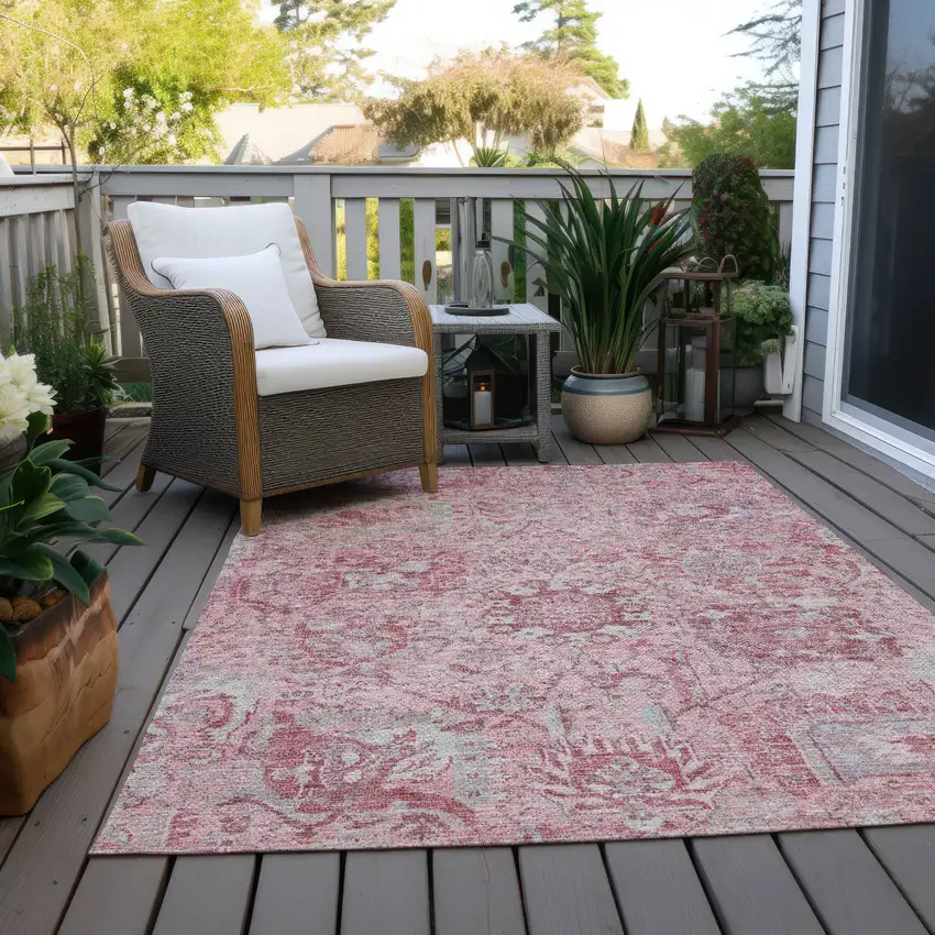 Pink And Gray Damask Washable Indoor Outdoor Area Rug Photo 9