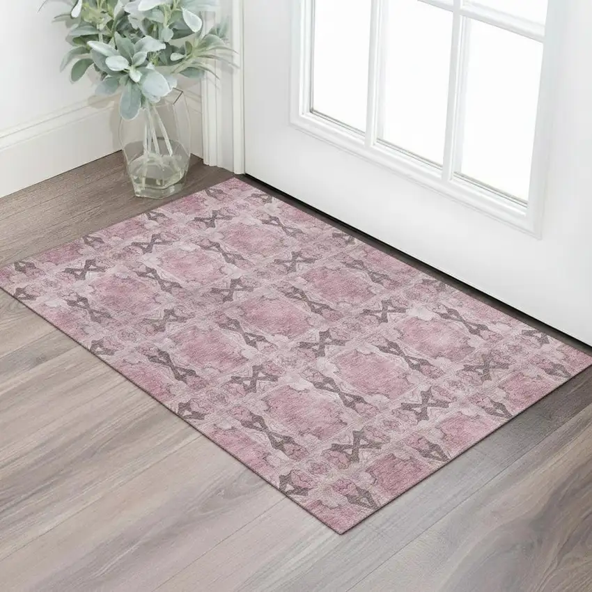 Pink And Gray Floral Medallion Washable Area Rug With UV Protection Photo 1