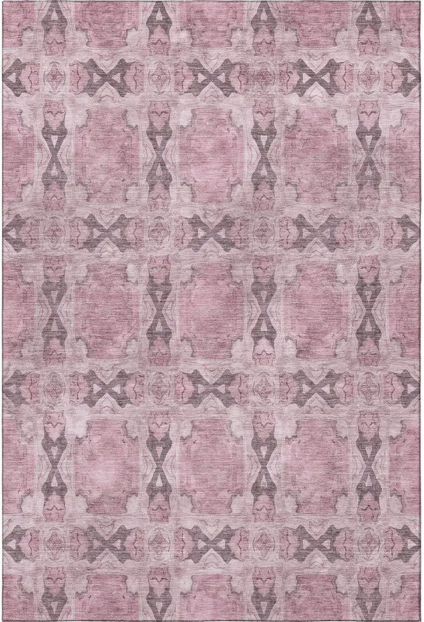 Pink And Gray Floral Medallion Washable Area Rug With UV Protection Photo 3