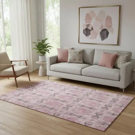 Pink And Gray Floral Medallion Washable Area Rug With UV Protection Photo 1