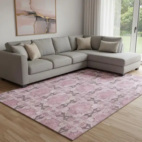 Pink And Gray Floral Medallion Washable Area Rug With UV Protection Photo 1