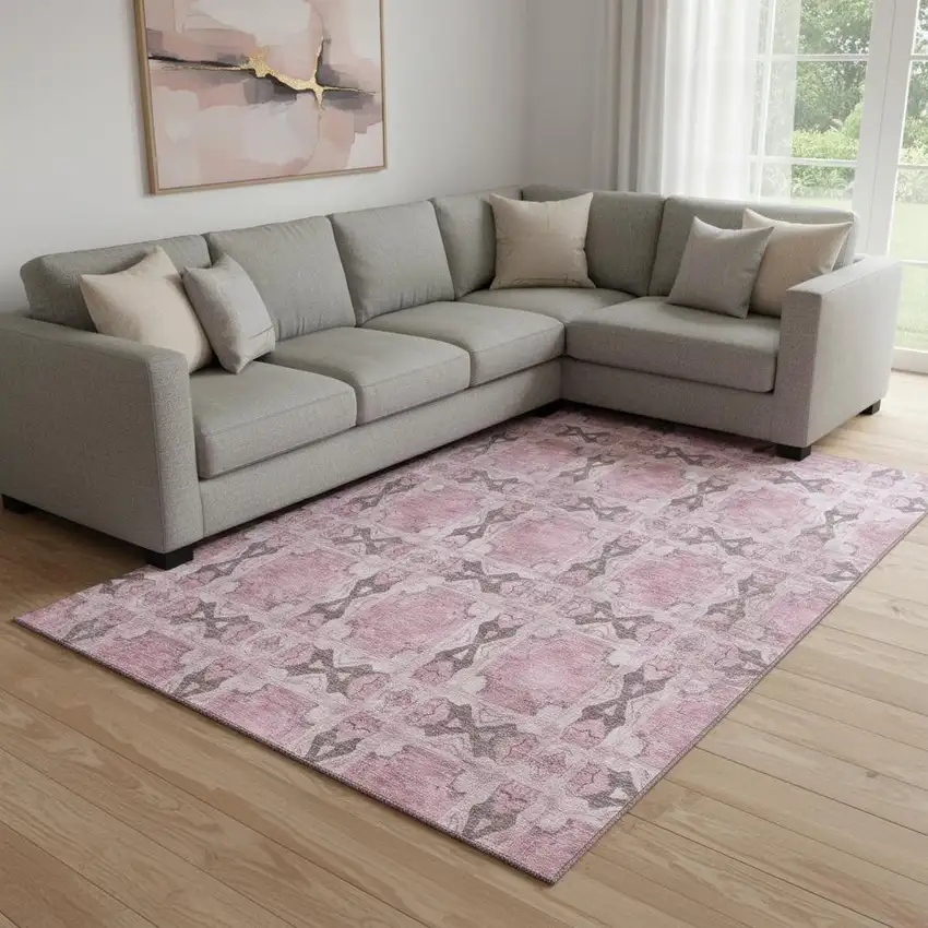 Pink And Gray Floral Medallion Washable Area Rug With UV Protection Photo 1