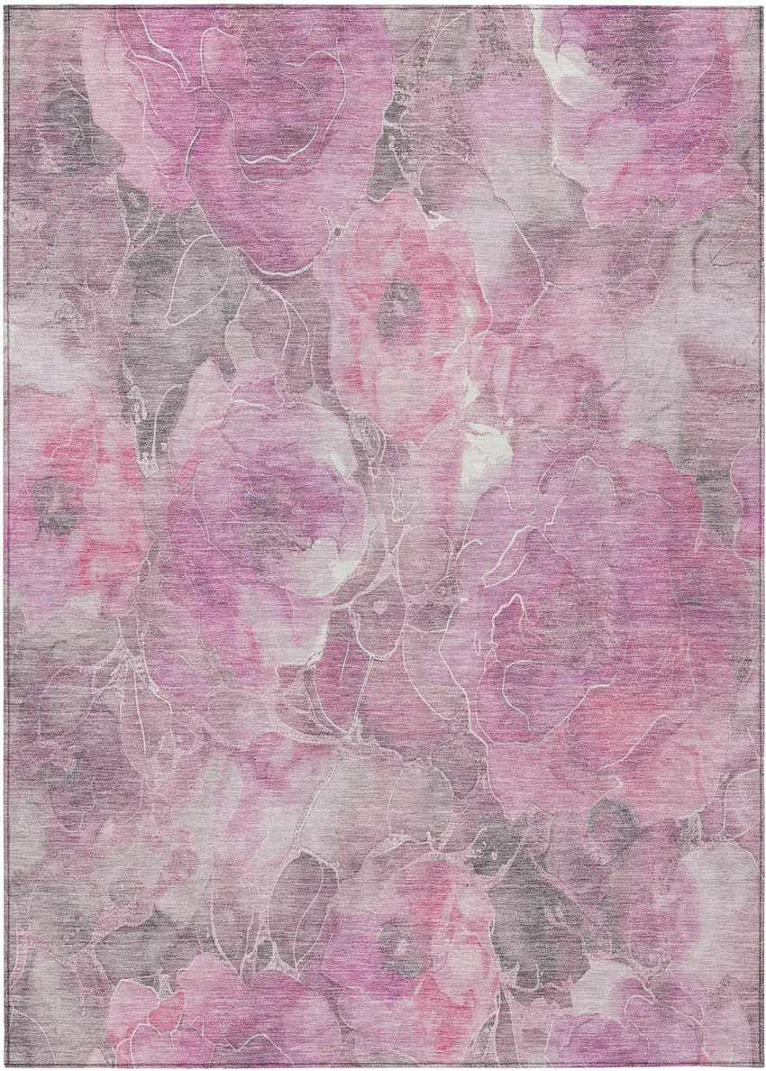 Pink And Gray Floral Washable Indoor Outdoor Area Rug Photo 1