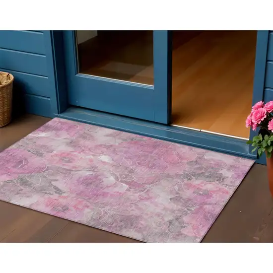 Pink And Gray Floral Washable Indoor Outdoor Area Rug Photo 2