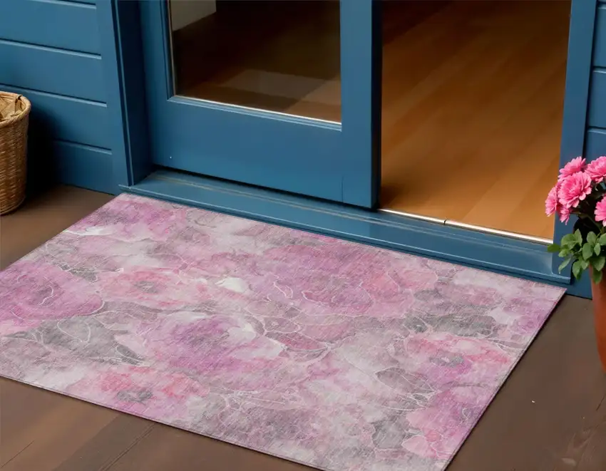 Pink And Gray Floral Washable Indoor Outdoor Area Rug Photo 2