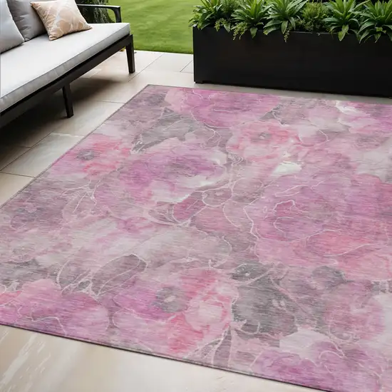 Pink And Gray Floral Washable Indoor Outdoor Area Rug Photo 2