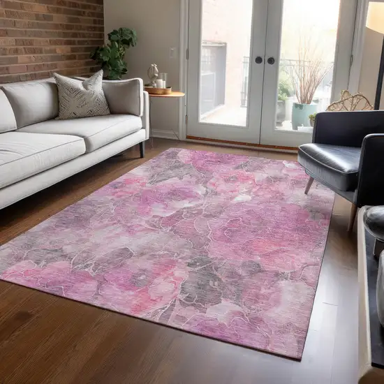 Pink And Gray Floral Washable Indoor Outdoor Area Rug Photo 5