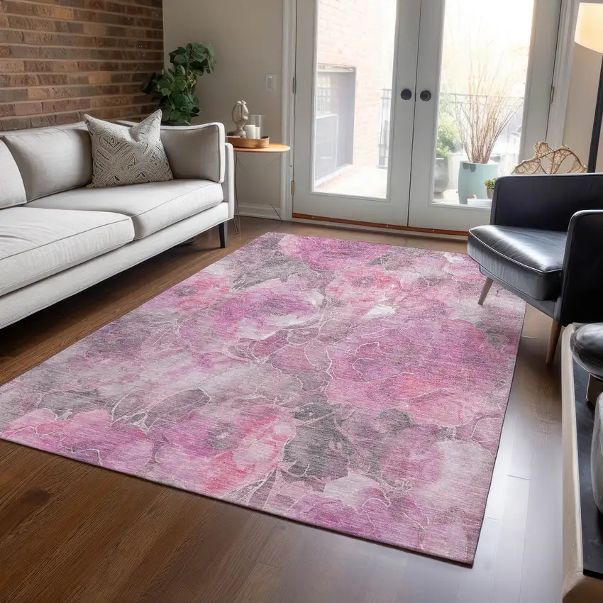 Pink And Gray Floral Washable Indoor Outdoor Area Rug Photo 5