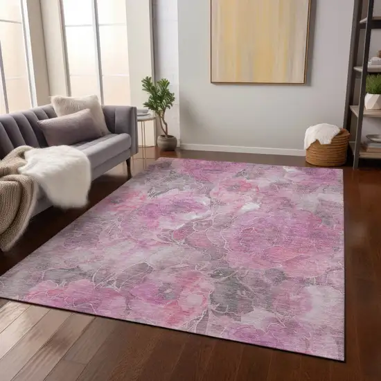 Pink And Gray Floral Washable Indoor Outdoor Area Rug Photo 6